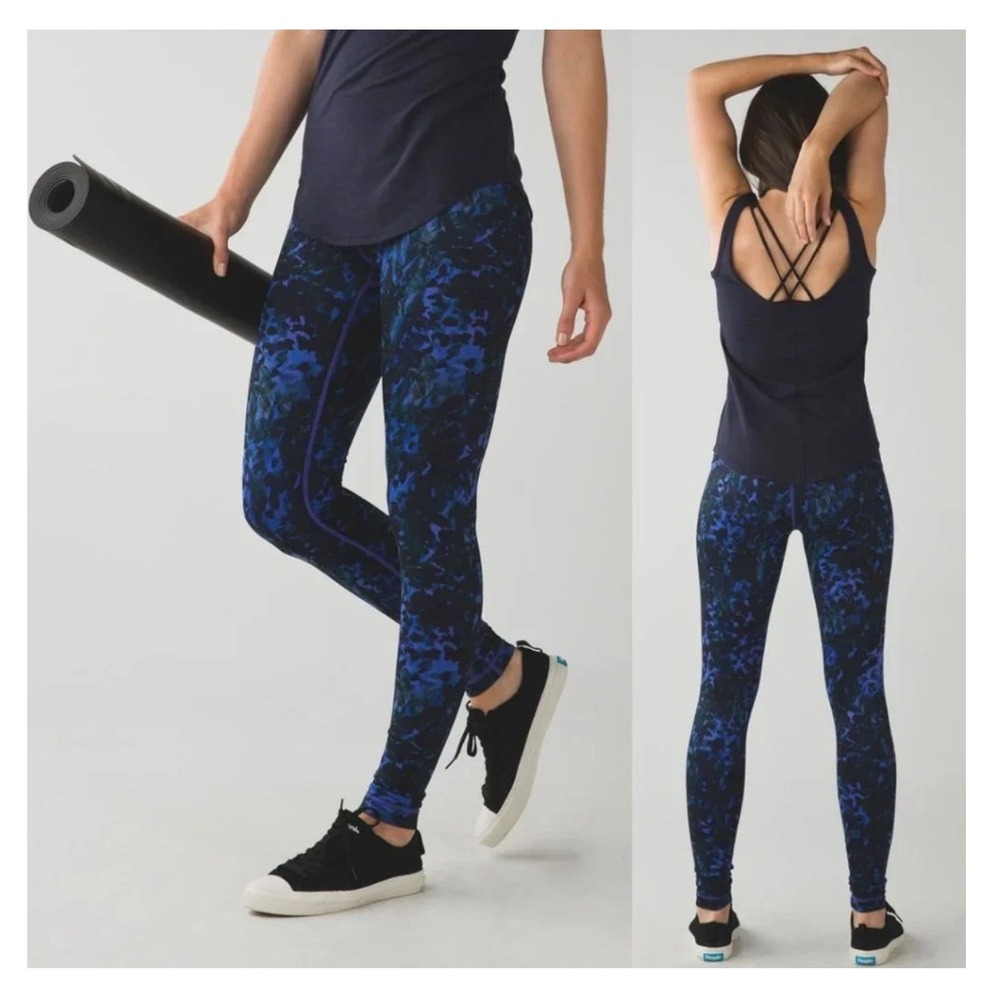 Lululemon Wunder Under Leggings Size 4 Blue Purple Floral Camo Excellent Yoga